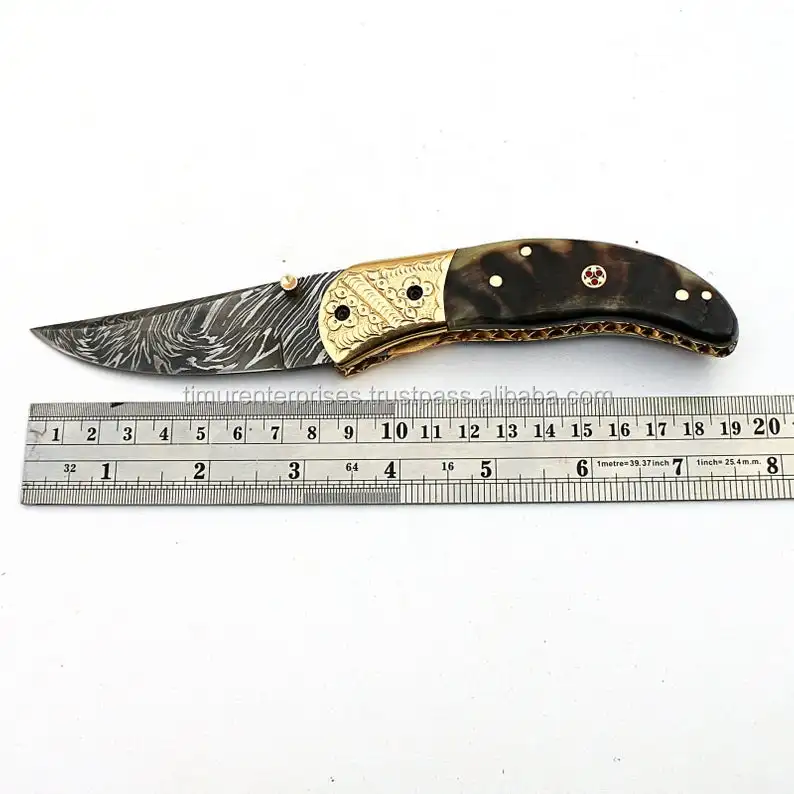 Best price damascus steel blade ram horn  handle hunting skinning knife folding blade knife pocket knife  F-003