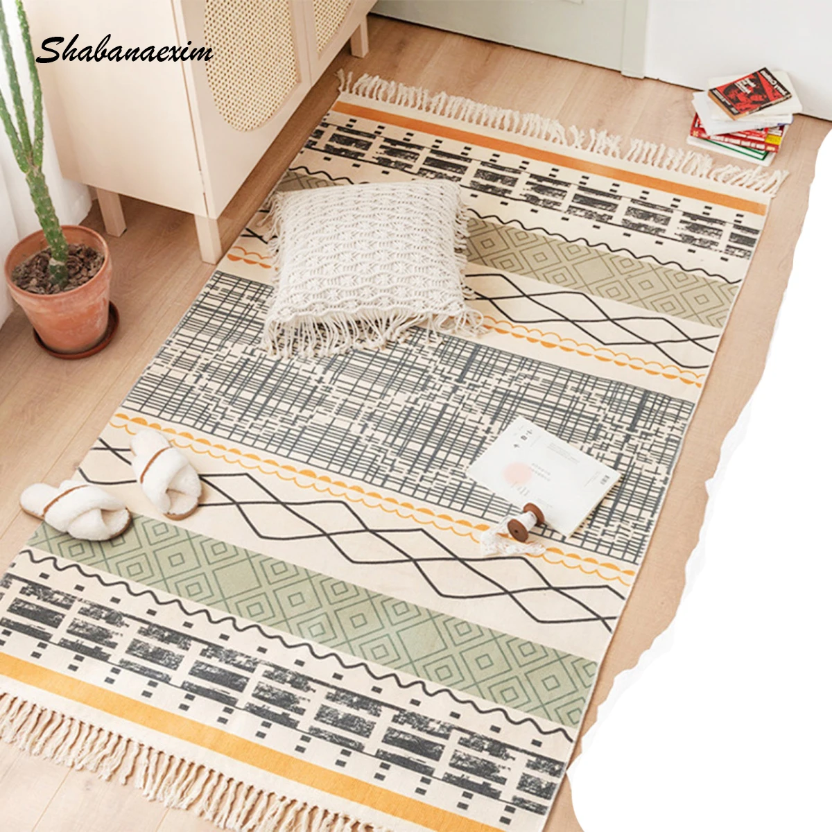 Rug Tufted Cotton Eco-Friendly Designer Handmade Printed Cotton Carpets with Fringe Runner Rugs