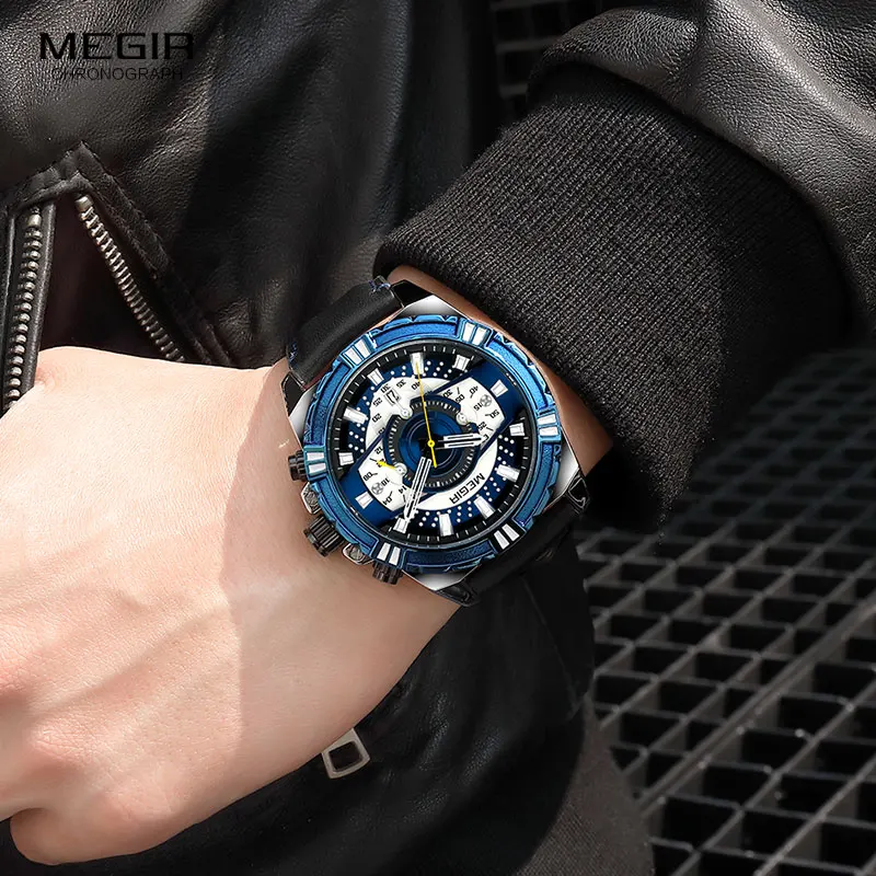 MEGIR 2118  Men Blue Leather Strap Sports Casual Watches Waterproof Luminous Wristwatch Man Relogio Masculino Clock