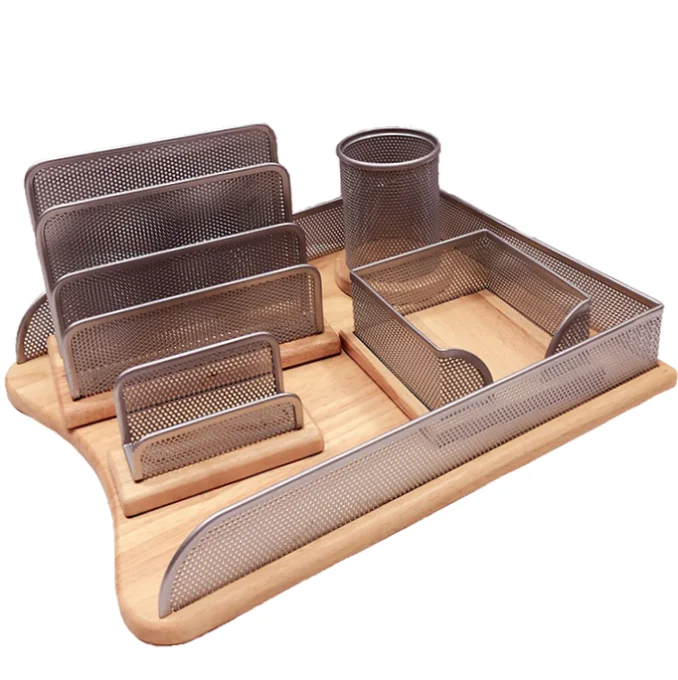Wooden Stationery Desktop Metal Office Supplies Desk Organizer Set