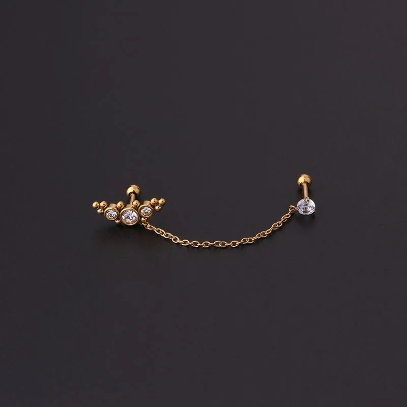 16G Stainless Steel Jewelry Wholesale Gold Cubic Zirconia Dangle Double Piercing Tassel Chain Stud Earrings