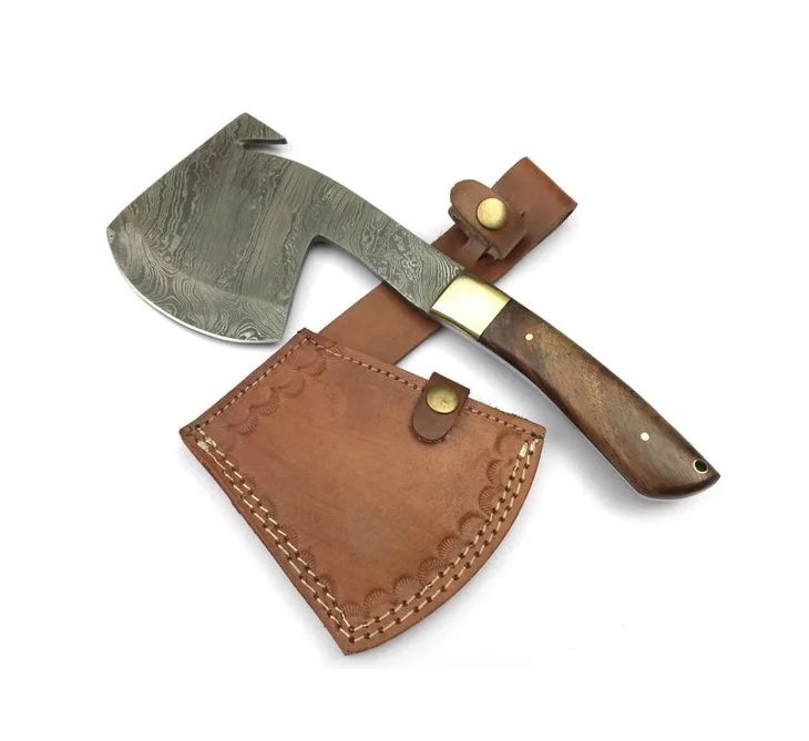 Industrial Grade Damascus Steel Chopper Axe with Wood Handle for Camping and Cutting Applications