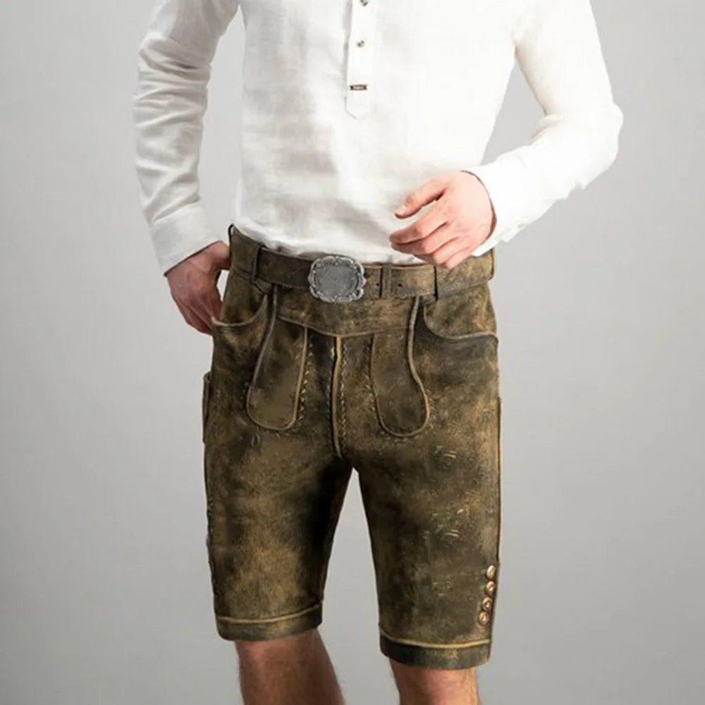 Premium Design Lederhosen Shorts Brown Color Plain Brown Bavarian Short Pants Elastic Waist Slim Fit Deer Leather Shorts