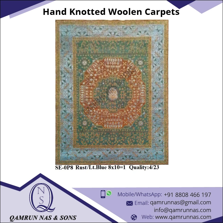 Bulk Quantity Exporter of Hand Knotted Woolen Carpet for Living Room in green color from leading manufacture