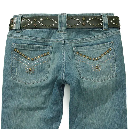 Factory Direct Supplies Custom Fashion Wide Leg Style Girls 5 Pockets Stretch denim jeans two back pockets have a variety studs