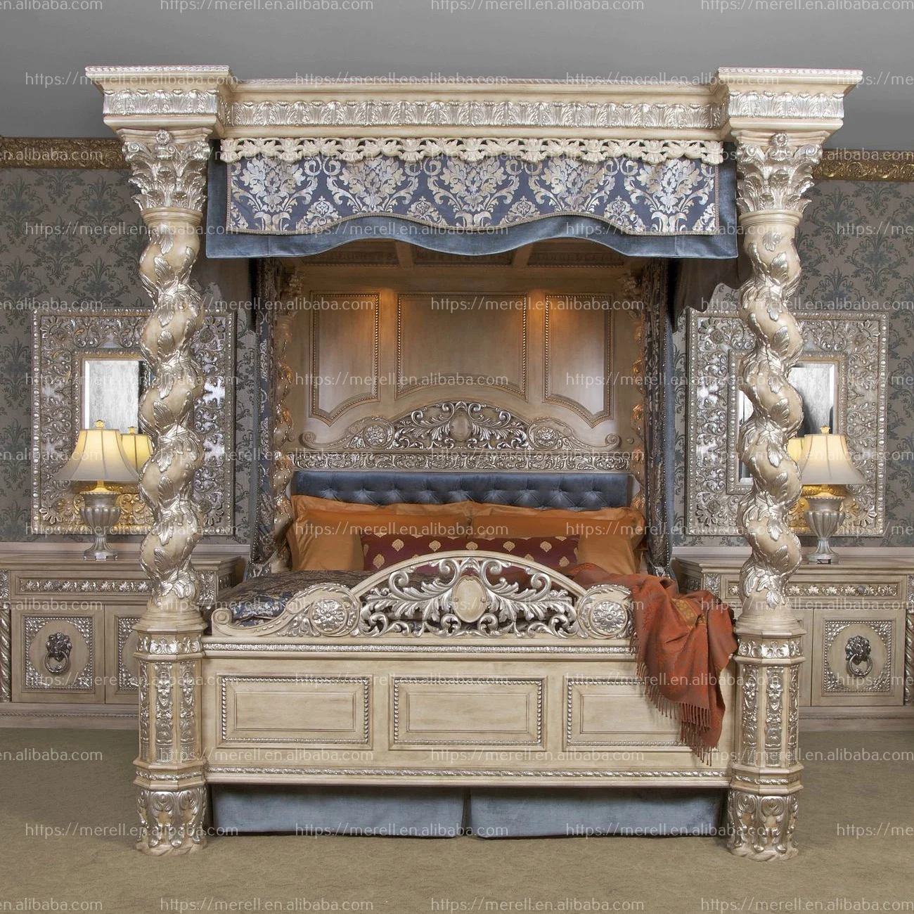Turkish exclusive high end customized royal solid wood with canopy carving romance wedding home furniture bed luxurious