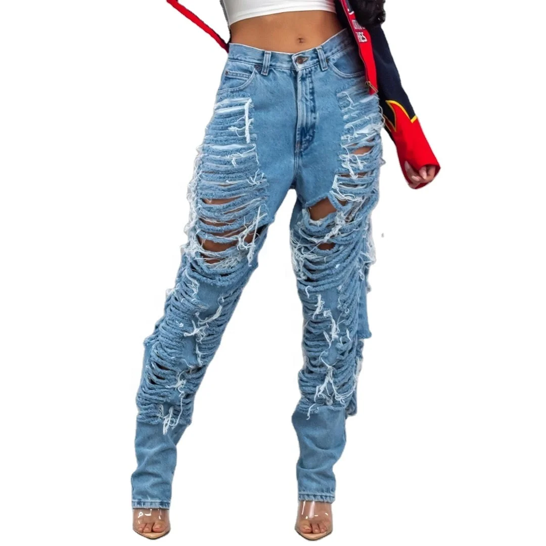 OEM Custom Cutoff Ragged Denim Pants Ripped Distressed Women Jeans Plus Oversize Pants USA 2022
