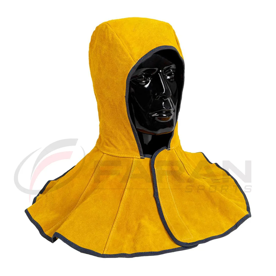 Golden Cowhide Split Leather Welding Hood with Neck Shoulder Drape Custom Logo Suede Leather Welding Safety Hood