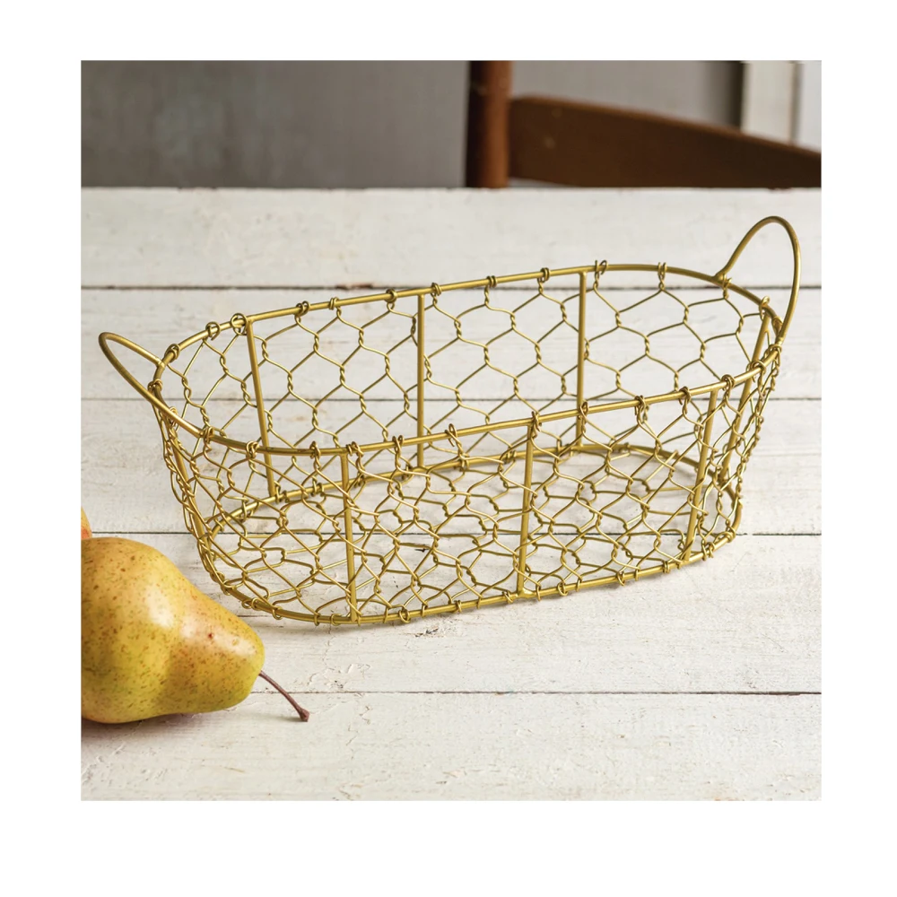 Yellow Powder Coated Hand Woven Wire Iron Fruits Basket Cheap Price Top Selling and High Quality Gold Plated