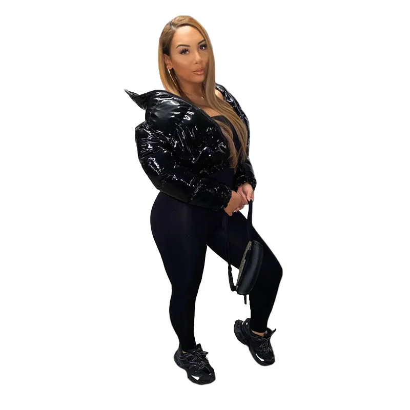 Новинка оптовая продажа зимнее хлопковое блестящее укороченное Женское пузырьковое пальто с длинным рукавом пуховая куртка