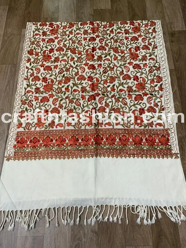Pure Woolen Kashmiri Stole - Kashmiri Handwork Dupatta - Multicolored Scarf/Shawl/Neck Wrap - Floral Design Embroidered Stole