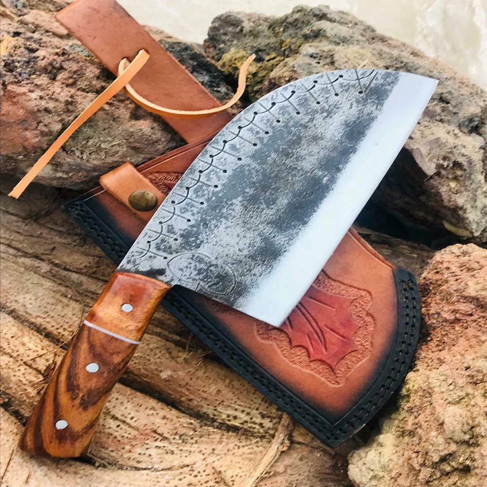 Handmade butcher knife, Vintage Forged Chef Cleaver Knife, with hand working on blade