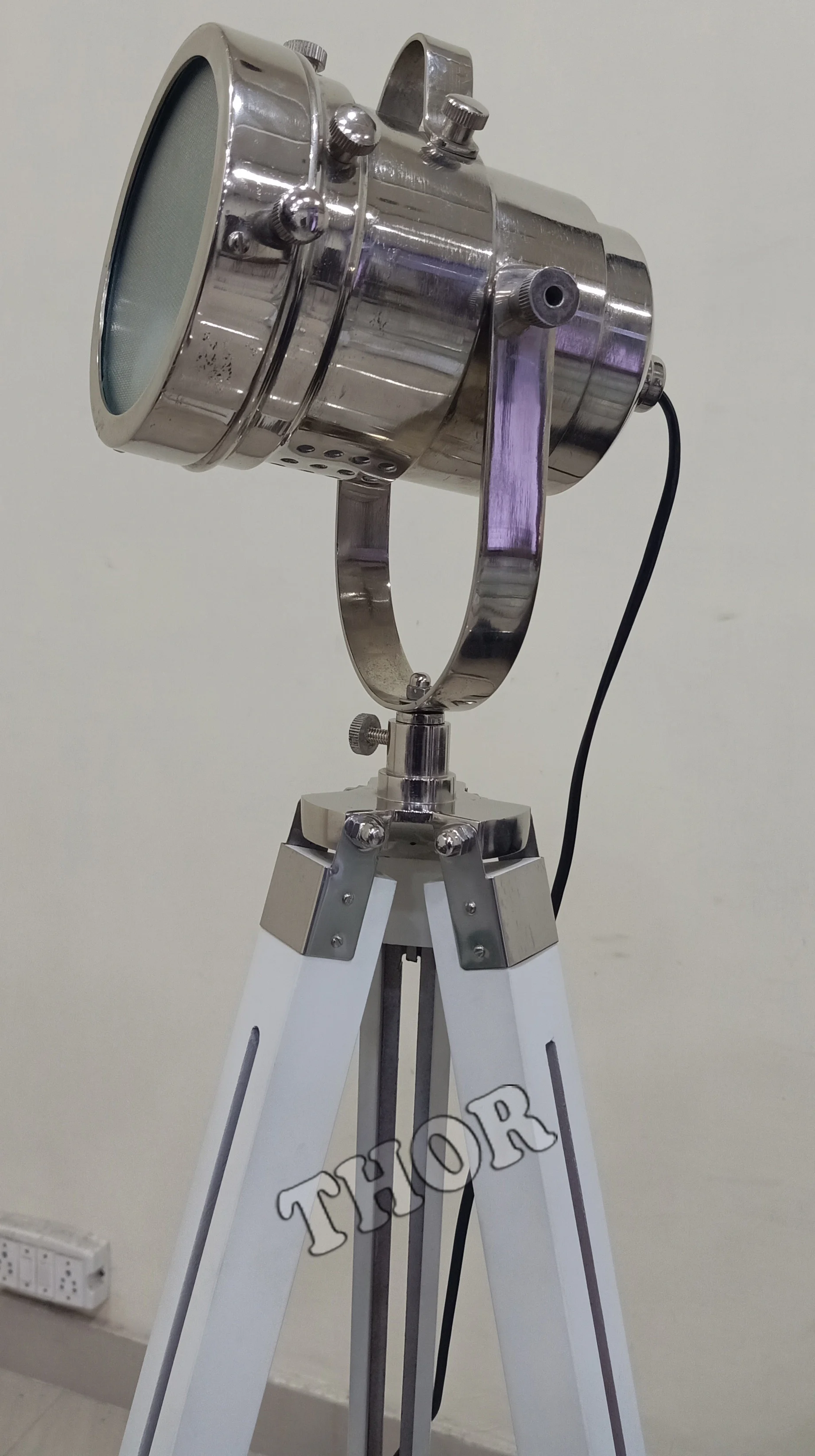 Floor Lamp ~ Nickel Plated Floor Spotlight with White Wooden Tripod Stand ~ Collectible Indoor Decor Light Floor Lamp