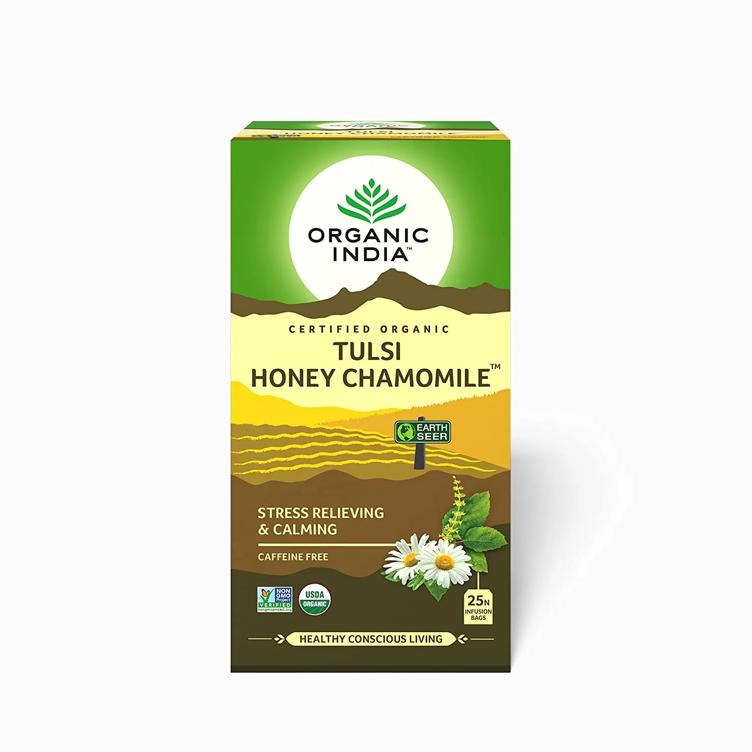 Organic India Tulsi Honey Chamomile Green Tea Bags for Stress Relieving and Calming - 25 Infusion Tea Bags