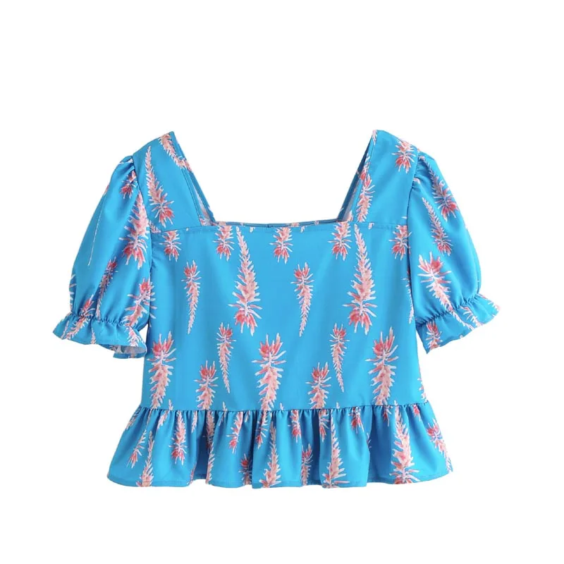 Summer Square Neck Blue Color Floral Print Crop Tops + Wide leg Trousers Sets Women Clothing Set