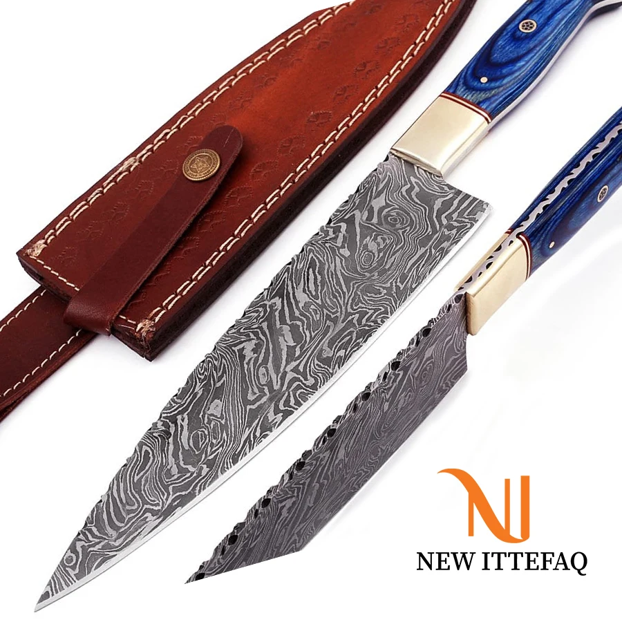 
Damascus Chef Knife | Damascus Steel Chef Kitchen Knife 13 inches Custom HANDMADE Fixed Blade Pakka Wood Brass Bolster Handle 