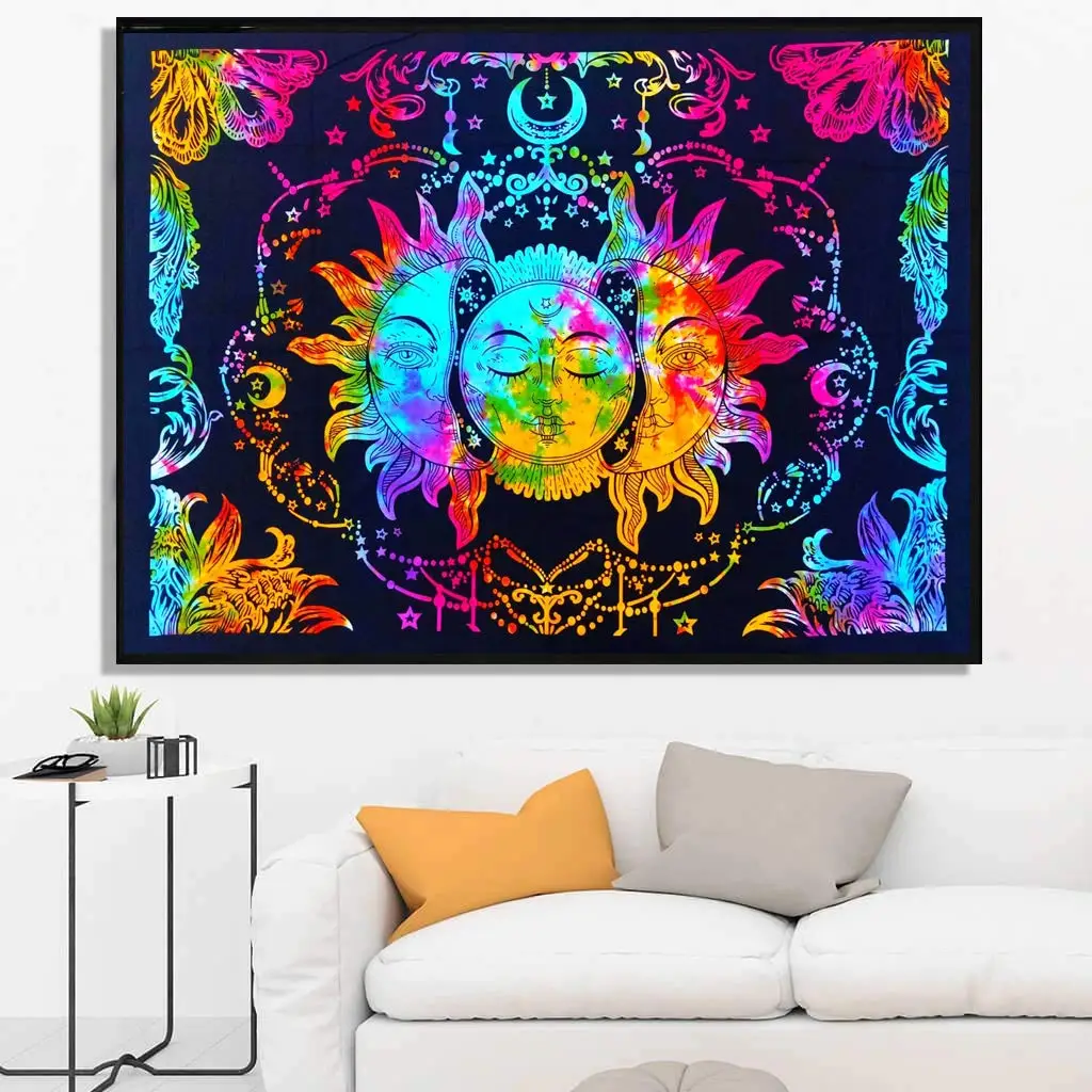 Indian Psychedelic Sun Moon Tie Dye Mandala Hippie Hippy Celestial Wall Hanging Indian Bohemian Tapestries Multi color cotton