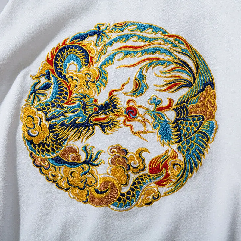 Unisex Men Summer T-Shirt Dragon Robe Embroidery Loose Cotton O-Neck Tops
