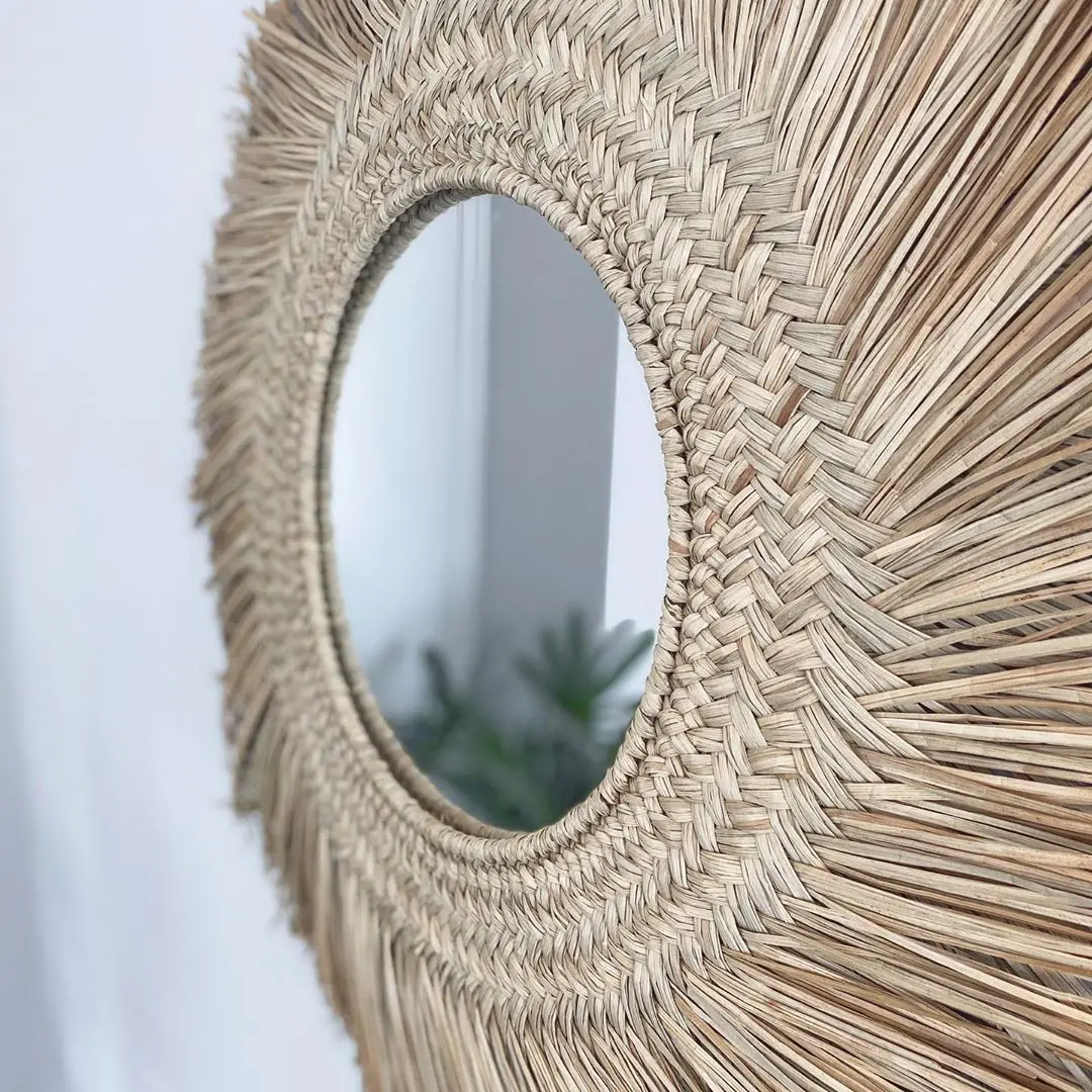 Round bohemian handmade rustic seagrass frame mirror decor wall antique mirror frame for living rooms