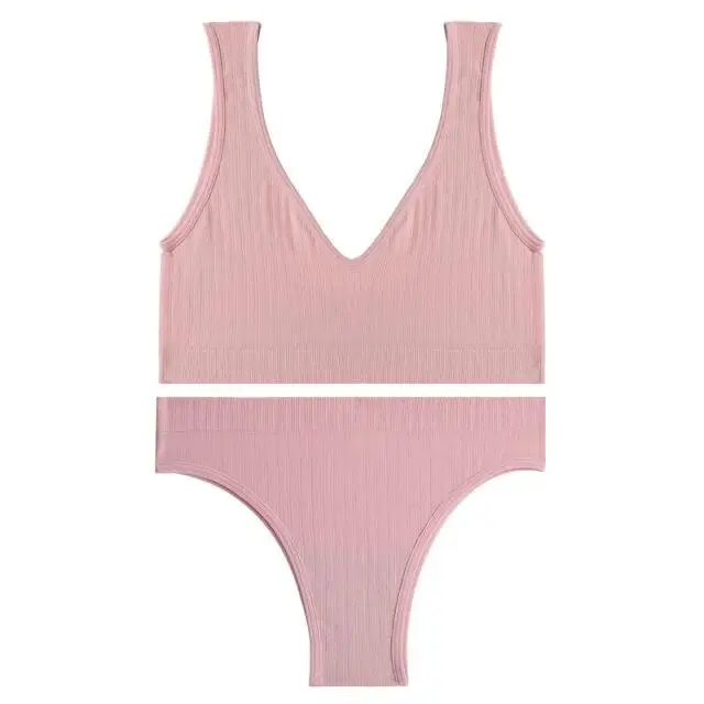 FINETOO Deep V Tops Panties Set Seamless Bralette Women M-XL Sexy Bra Set Backless Underwear Suit Girl Crop Top Underpants Set