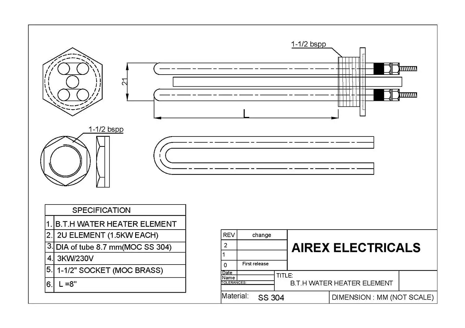 Airex Stainless Steel Industrial Water Heater Immersion Heater B.S.P Heating Element Double Pipe (2000 Watt, 1.5 Inch Dia)