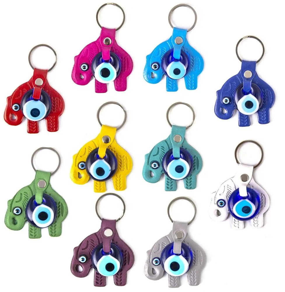 Elephant Shaped Evil Eye Beaded Imitation Leather Key Chain From Turkey