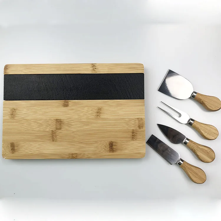 wholesale Slate plate tableware dinner plate bamboo serving platter stand black slate dining plate set cheese board  dinning set