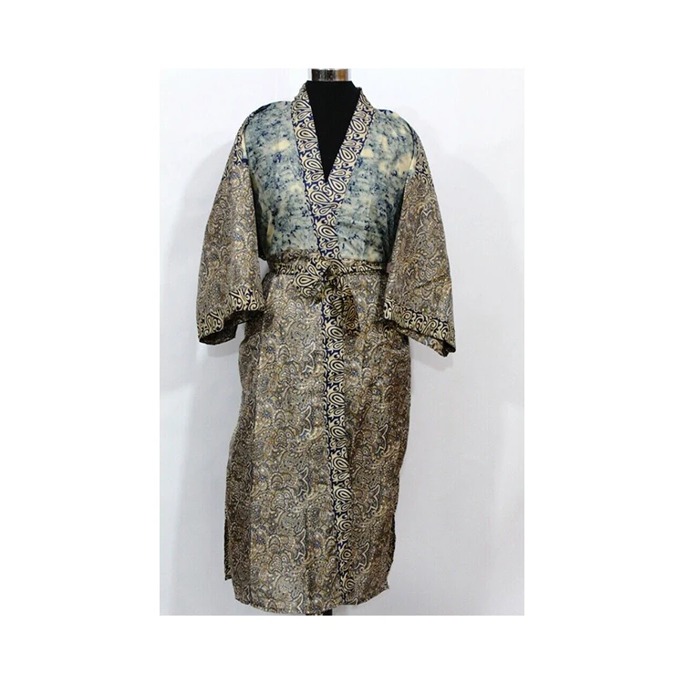 High Quality Silk Sari Kimono Vintage Robe Knee Length Handmade Bohemian Printed Night Wear Gown Maxi Dress Women Kimono Robe