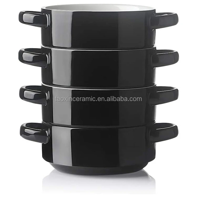 Ceramic Bowls with Double Handles Porcelain Stacked Bowl Set for French Onion Soup Set of 4