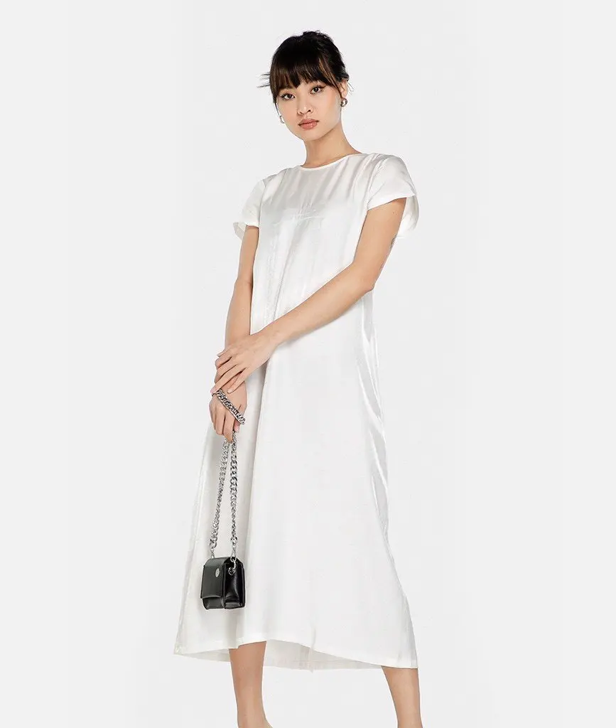 OEM/ODM New Arrival Custom High Elastic Solid Color Elastic Band Ruffled Women Round Neck Short Sleeve Maxi Made in Vietnam