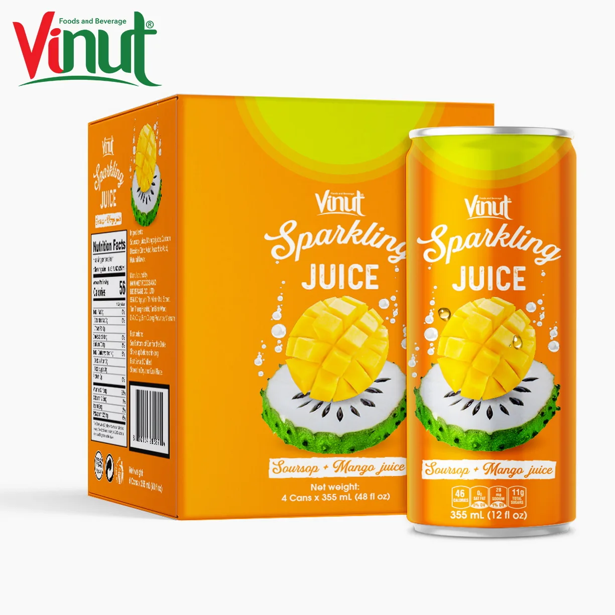 12 жидких унций, сияющая вода VINUT, 4 банки Soursop и распределение сока манго, NFC, Здоровые напитки, частная марка, продажа оптом