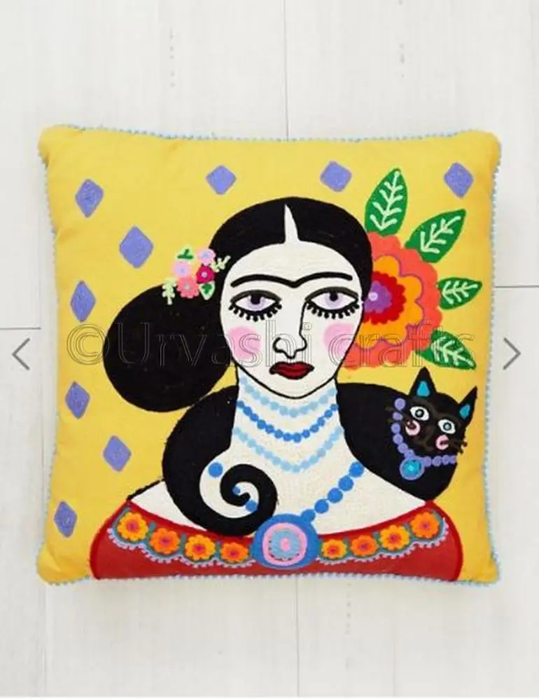 Indian Ethnic Hand Embroidered Printing Cushion Cover Beautiful All Around Pom Pom Lace Modern Cushion Cover