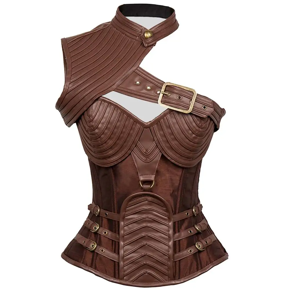 Steampunk Brown Steel Boned One-shoulder Leather sapr Stripe Shape Corset