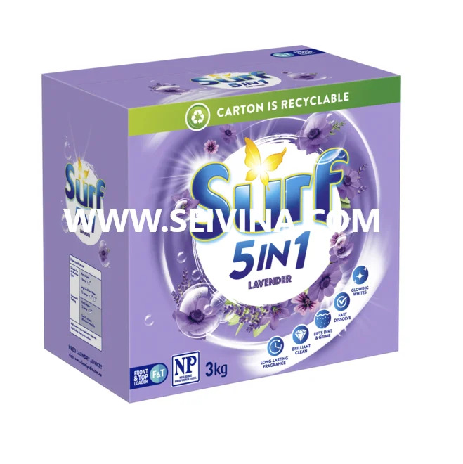 Surff low cost Vietnam lavender english text 5in1 washing powder detergent.