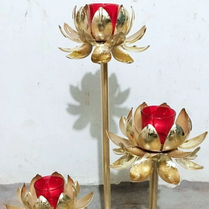 Iron Metal lamp  with red glass t light an gold platting lotus design  decorative piece giftable item also for Diwali decoration