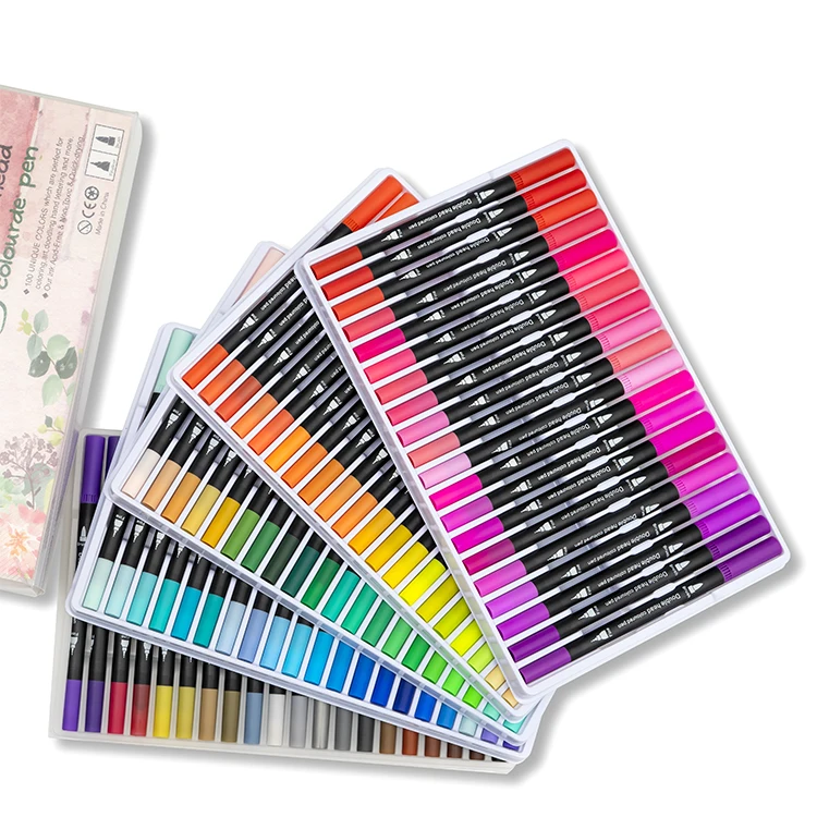 Stromer Manufacturer Oem Customer Logo12 24 36 48  100 Colors White Dual Tip Brush Pen Brush Drawing Set Water Color Marker Pen