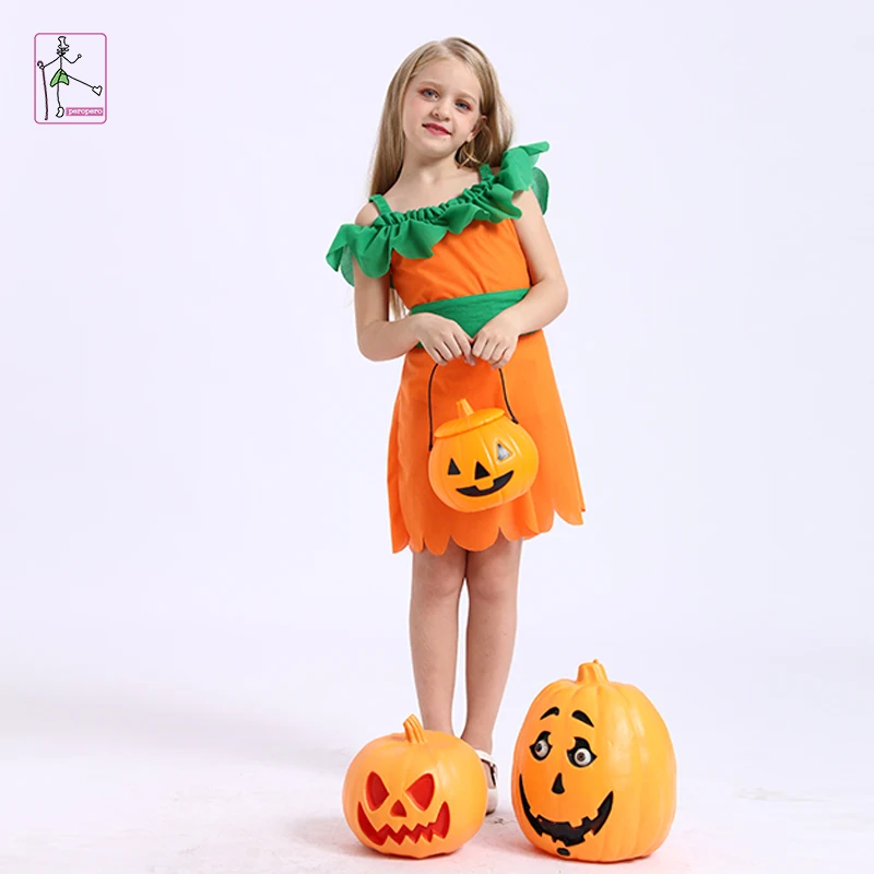 Factory price sweet pumpkin girl costume fancy dress halloween witch costume for kids fairy witch costume
