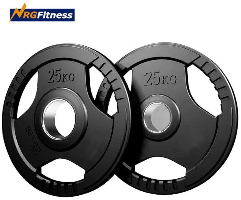 Black Rubber encased Barbell Weight Plates with Three Holes and Hand Grip Weightlifting Fitness 1.25kg 2.5 kg 5kg 10kg 15kg 25kg