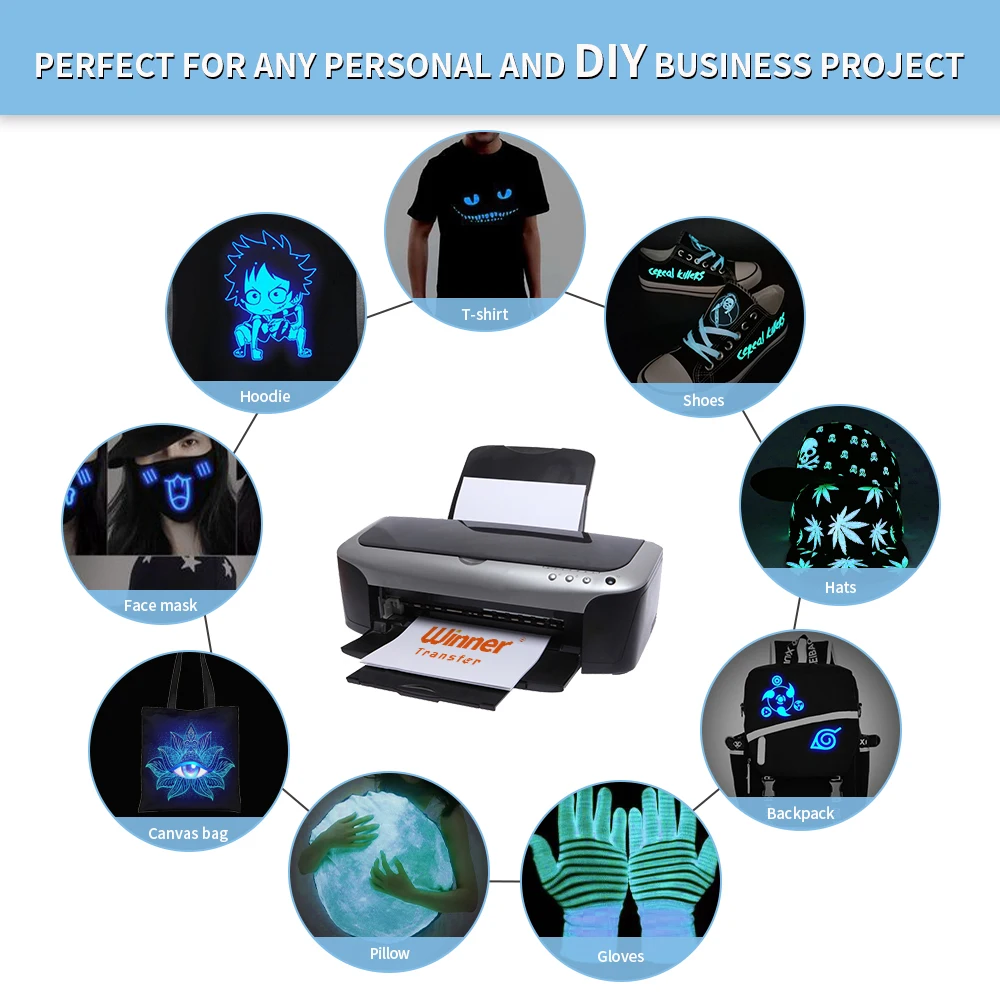 Winner Transfer best selling 100 Pieces heat transfer vinily glow in the dark transfer paper for Dark Fabrics