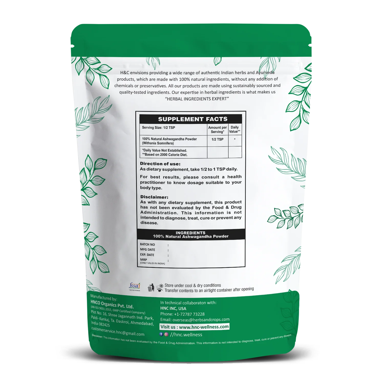 H&C Ashwagandha Powder (Withania somnifera) - 1kg pack