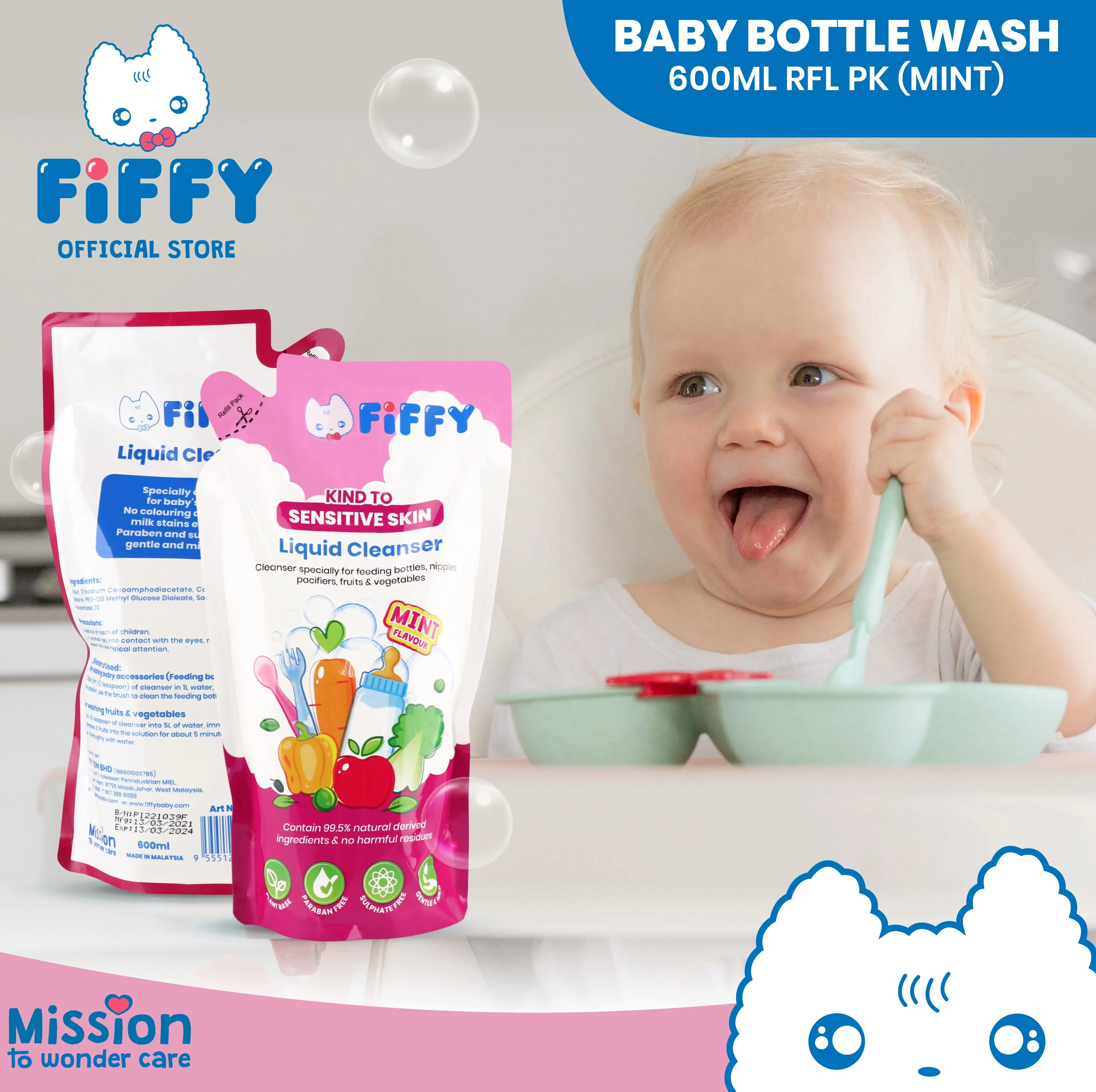 FIFFY Baby Plant based Baby Bottle Wash, Fruit and Vegetable Wash Bottle Liquid Cleanser (Refill Pack)