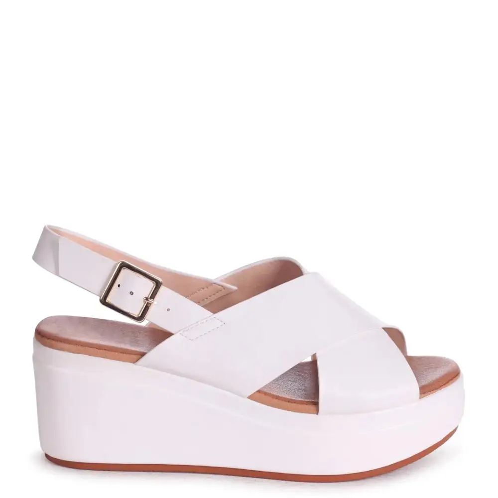 Ladies Fancy White Lightweight Wedge Heel Sandals With Crossover Front Strap Shoes(sandalias mujer)