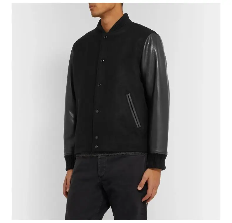 Изготовленная на заказ Куртка varsity/черный кожаный рукав черный шерстяной боди varsity Letterman