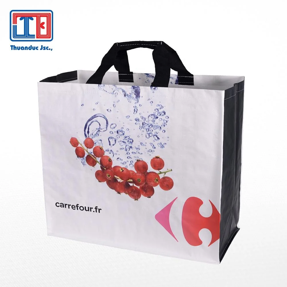 Polypropylene reusable shopping bags with webbing handles knit type 1/1 1/3 gravure printing