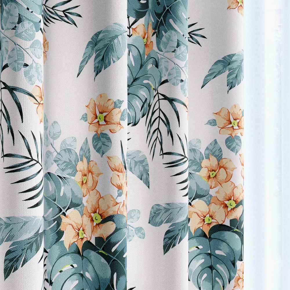 A tropical resort-style curtain fabric made in Japan with a tropical botanical design.