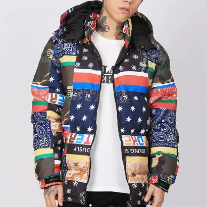 Men custom outdoor fashion splice warm premium puffer down padded winter jacket 2021 with hood spurn cotton