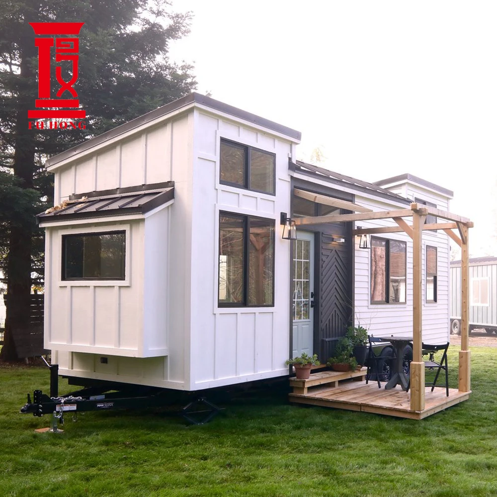 Fu hong portable outdoor luxury mobile prefabricated log cabin standard tiny home on wheels