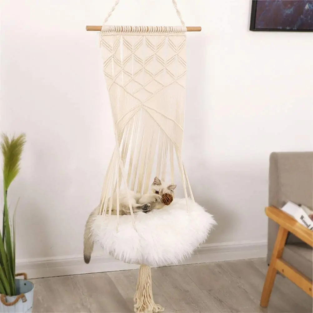 Macrame Hanging Swing Cat Bed with Hanging Kit for Indoor Cats