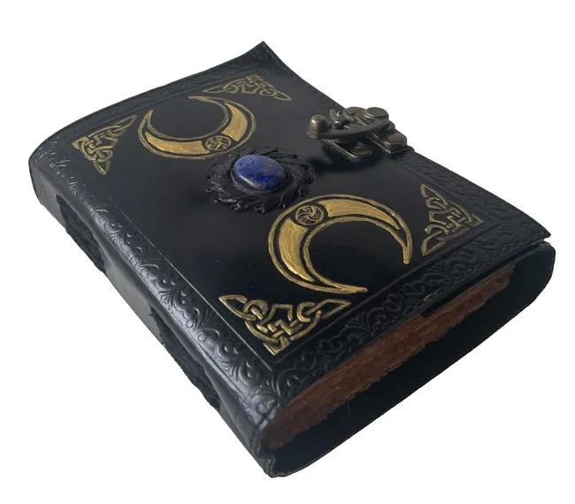Three Moon Vintage Genuine Leather Journal Witchcrafts Third Eye Stone Handmade Deckle Edge Paper Notebook School Diary For Gift