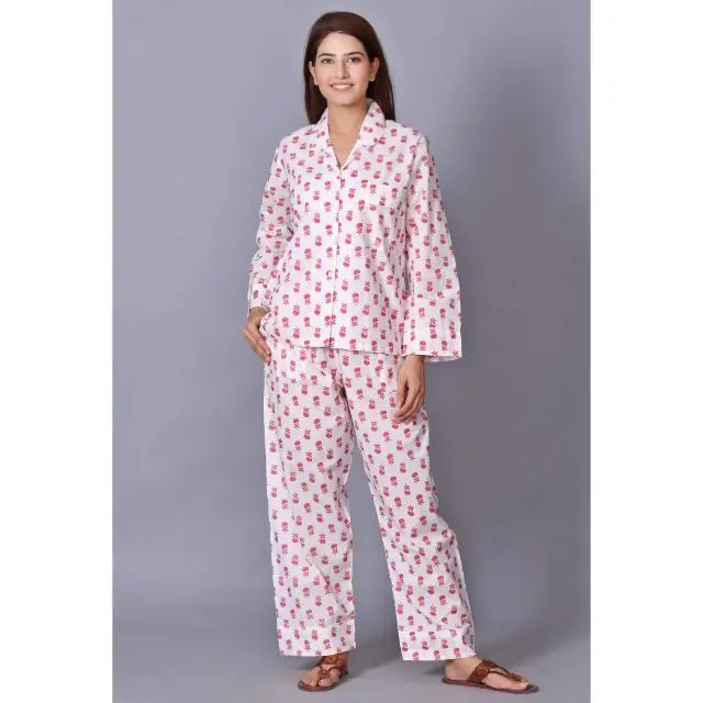 Indian 100% Cotton Hand Block Printed Woman Night Dress Pajama & Robe Long Sleeve Set